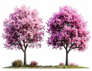Obraz premium Two trees with pink blooms on grassy patch