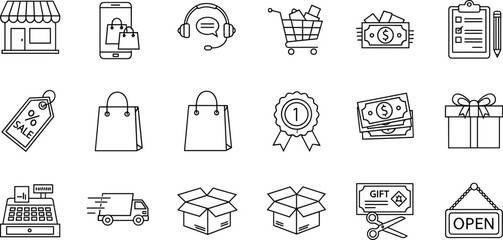 Ecommerce shopping line icons set with store cart payment delivery gift and customer service symbols isolated on white background vector illustrationWeb © Hey World
