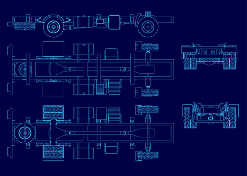 Detailed blueprint of a truck chassis set on a blue background, displaying the precise mechanical contour and all structural components.