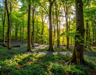 Obraz premium Sunlit forest floor carpeted with bluebells, vibrant green leaves