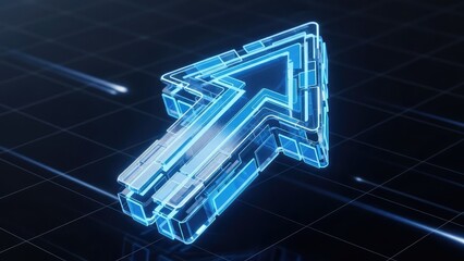 Glowing blue arrow pointing upward in futuristic digital landscape