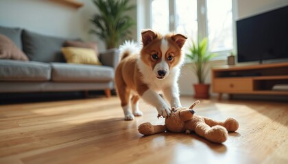 Small brown and white puppy plays with stuffed toy on wooden floor. Dog chews plush animal indoors. Pet looks innocent while destroying toy. Canine is active and energetic.