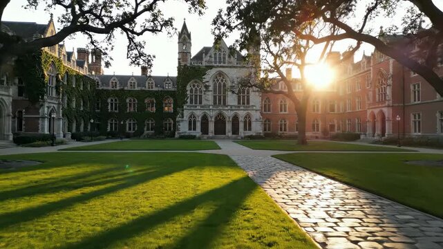 Stunning wide view of a peaceful, empty university quad at golden hour with long shadows stretching across the perfectly manicured lawn and historic academic halls afternoon, tranquil, long shadows
