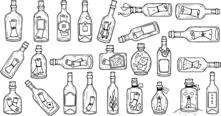Black and White Line Art Hand-drawn Collection of Message in a Bottle, Nautical Communication and Vintage Container Concepts
