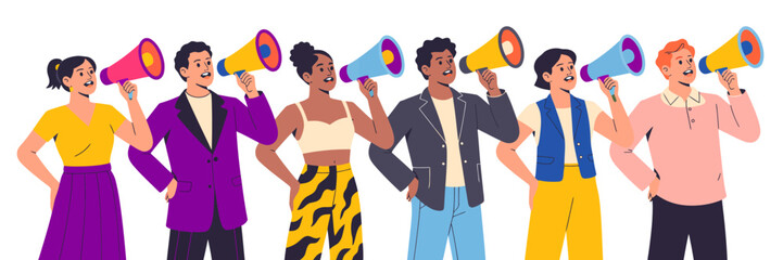 A colorful illustration of a diverse group of people using megaphones to express their ideas and opinions, showcasing unity and collaboration in communication.