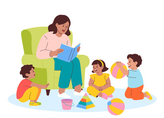 Obraz premium A warm scene of a mother reading a book to her young children, cultivating a nurturing atmosphere filled with joy, play, and learning within a cozy environment.