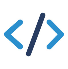 Obraz premium Blue and dark blue angle brackets and slash symbol on white background code coding