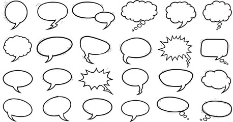 Fototapeta premium Communication Graphic Design Collection: Hand-drawn Black and White Line Art Comic Speech Bubbles, Thought Balloons, and Talk Bubbles Set for Dialog, Message, and Social Media Use.