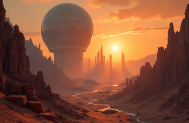 Futuristic city with dome structure in desert canyon at sunset. Tall buildings rise under hazy orange sky. Red rock formations line dry riverbed. Orange sun sets behind distant mountains.