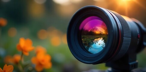 A close-up shot of a professional camera lens capturing vivid colors in nature, creative, photographer
