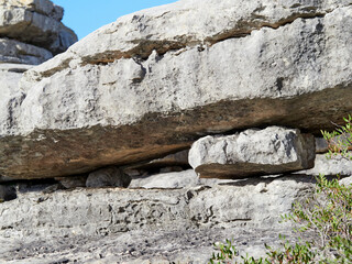 Karst landscape. It is a limestone relief that emerged from the sea, with whimsical formations, limestone pavements and towers. Canuto de la Utrera, Malaga, Andalucia, Spain. 