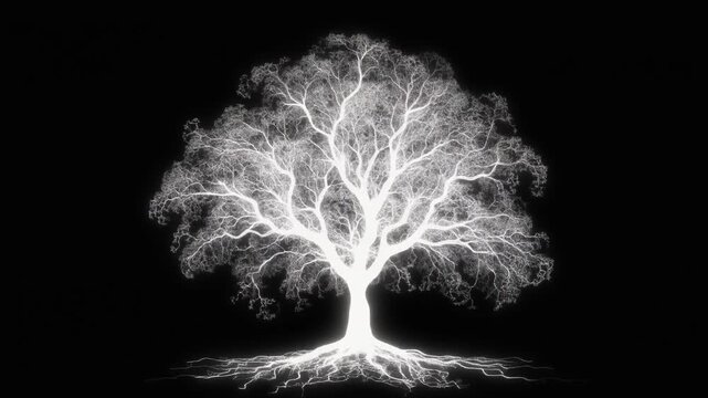 Abstract White Glowing Tree Growing with Intricate Roots and Branches
