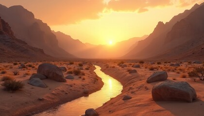 Golden hour sun sets over dry creek bed in arid mountain valley. Sandy terrain with rocks and sparse brush under warm sky. Calm desert landscape with winding water channel reflects light.