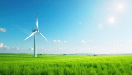 Fototapeta premium A futuristic wind power turbine on a bright sunny day in a green field, generating renewable energy for sustainability , environment, modern