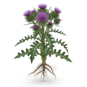 Mature thistle plant with roots and spiky purple blooms