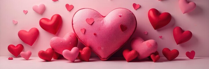 A heart-shaped pillow surrounded by various sized hearts, symbolizing love and unity within a family , family, relationships