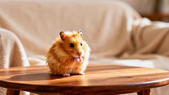 Small fluffy hamster on wooden table