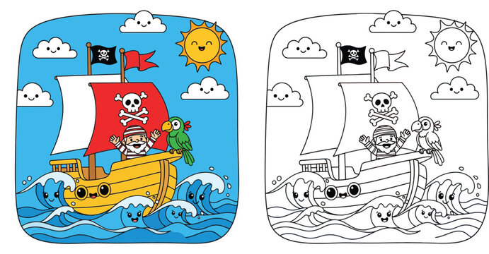 Cute pirate ship coloring page for kids with color example vector illustration showing happy captain parrot and smiling waves under sunny sky