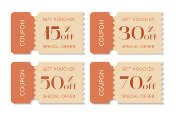 A set of 4 discount gift coupons features a vibrant orange color scheme
