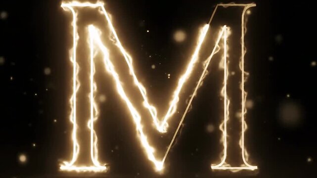Fiery Letter M Burns brightly with sparks in darkness.