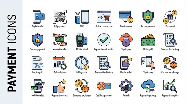 Collection of payment icons representing various financial transaction methods and services