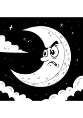 Grumpy Crescent Moon Character in Night Sky
