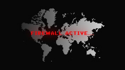 Horizontal Motion graphics with red glow digital text FIREWALL ACTIVE network protection pixelated background