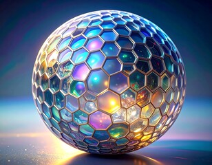Luminescent, crystalline sphere with kaleidoscopic, hexagonal facets