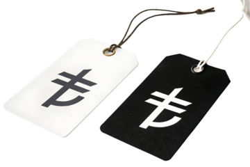 Turkish Lira Currency Tags: A pair of Turkish lira currency tags, one in stark white and the other in contrasting black, prominently display the Turkish lira symbol, representing financial aspects.