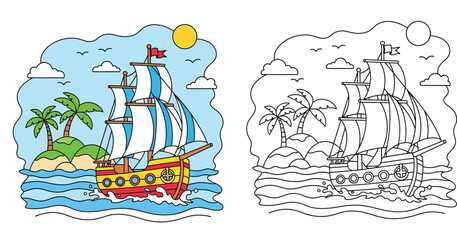 Coloring book page for kids with cartoon sailing ship and tropical island. Vector illustration of pirate boat near palm trees with color guide and black and white outline. © SHOHAG