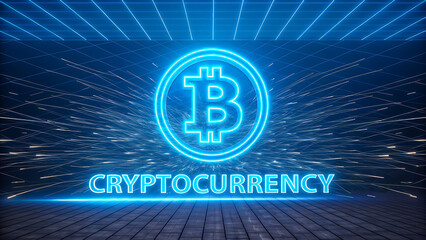 Cryptocurrency bitcoin symbol glowing in digital network background
