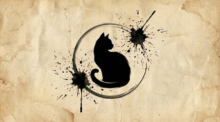 Black Cat Inside Ink Circle Frame Minimal Art