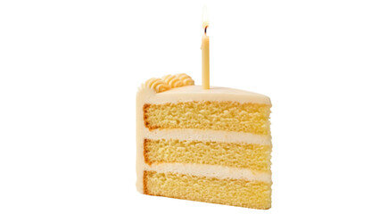 Slice of vanilla layer cake with buttercream frosting and lit candle isolated PNG, birthday celebration dessert on transparent background