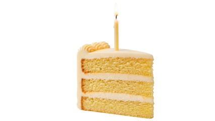 Slice of vanilla layer cake with buttercream frosting and lit candle isolated PNG, birthday celebration dessert on transparent background