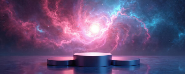 Metallic podiums stand on reflective surface below pink and blue swirling cosmic nebula. Stars twinkle in deep space background. Futuristic or fantasy scene.