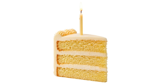 Slice of vanilla layer cake with buttercream frosting and lit candle isolated PNG, birthday celebration dessert on transparent background