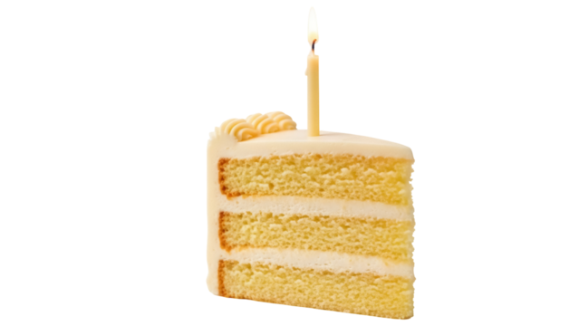 Slice of vanilla layer cake with buttercream frosting and lit candle isolated PNG, birthday celebration dessert on transparent background - Powered by Adobe