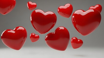 Group of Glossy Red 3D Hearts Floating in the Air Background