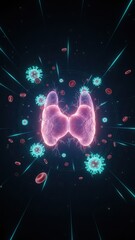 A luminous thyroid gland with virus particles and scan beams, medical research, hyperthyroidism