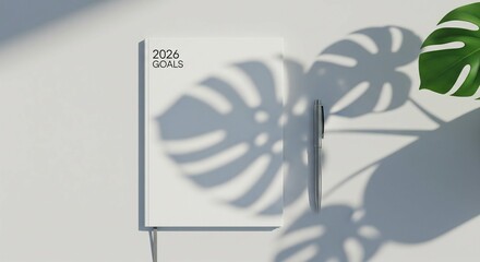 A white 2024 goals planner casts a shadow with a green monstera leaf on a minimalist white background with natural light.