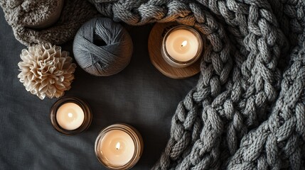 Hygge flat lay featuring candles, wool scarf, and empty space