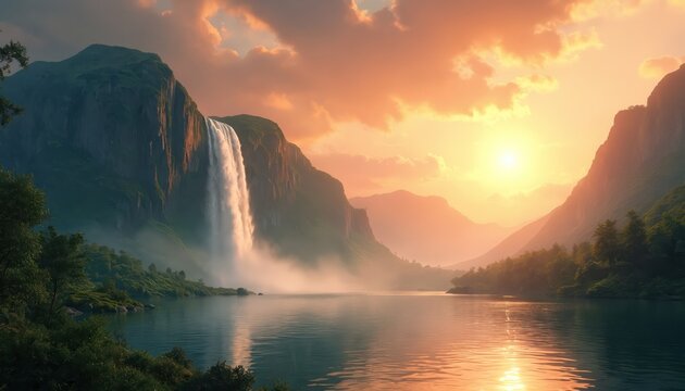 Epic waterfall cascades into calm lake at sunrise. Majestic mountains rise above misty forest. Golden sun illuminates dramatic landscape scene.