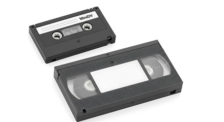 Fototapeta premium Two vintage video cassette tapes V H S and Mini D V on white background MiniDV