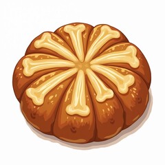 Fototapeta premium Golden brown pan de muerto bread illustration. Traditional sweet baked pastry with crossbones design. Realistic culinary art for autumn winter holiday celebration. Isolated on white background.