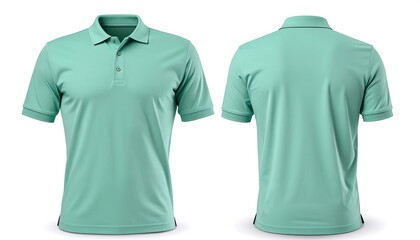 Mint green short-sleeved polo shirt mockup, front and back view, isolated on white background - apparel mockup