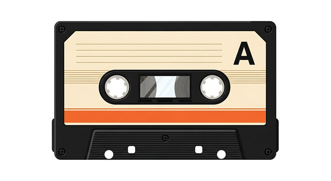 Vintage cassette tape with label and orange stripe on white background audio music