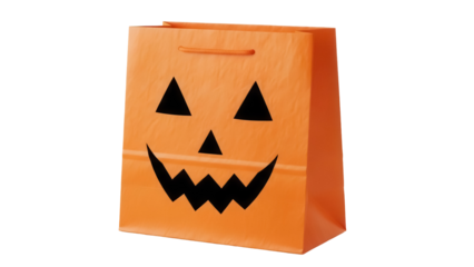 Orange Halloween gift bag PNG isolated, with jack-o -lantern face for trick-or-treating and party favors, on transparent background