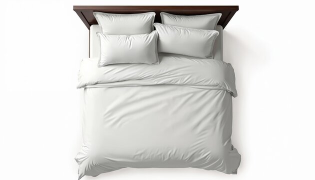 Clean white bed with pillows and duvet viewed from above. Comfortable mattress and bedding arranged neatly on wooden bed frame. Simple bedroom interior detail.