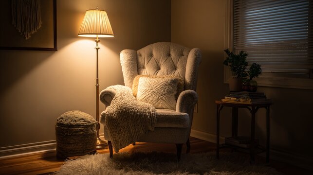 Minimal reading nook with armchair, folded knit throw, and warm floor lamp, serene winter evening light