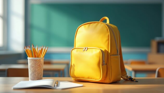 Yellow backpack sits on wooden desk in empty classroom. Pencils in cup and open notebook with pen beside bag. Green chalkboard hangs on wall behind. Sunlight streams through window.